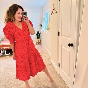 Rebecca Vallance Red Black Polka Dot Puff Sleeve Belted Linen Blend Maxi Dress 4
